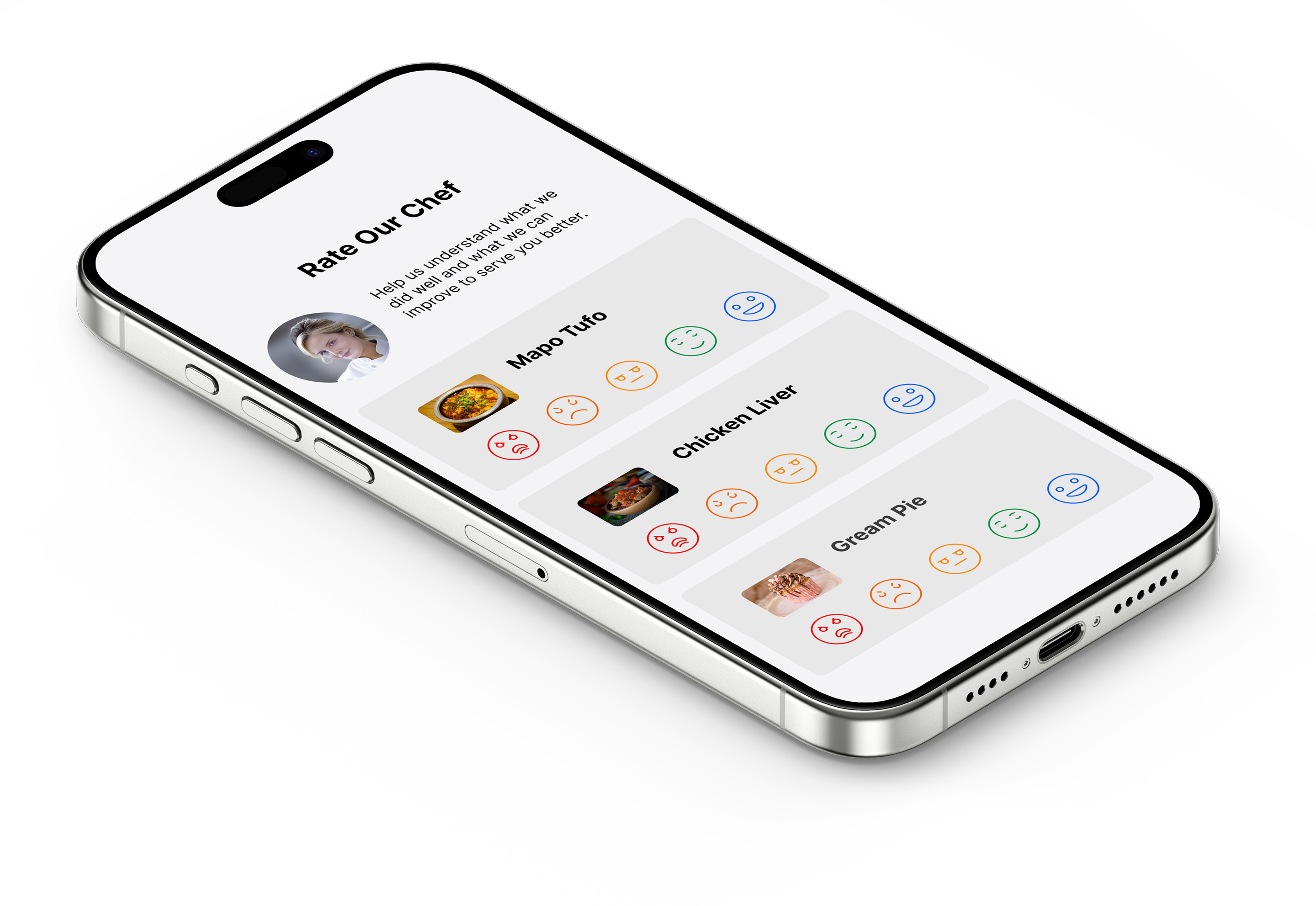 Angled iPhone showing Happy Diner dish rating cards